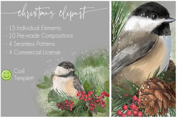 Chickadee Christmas Watercolor Illustrations