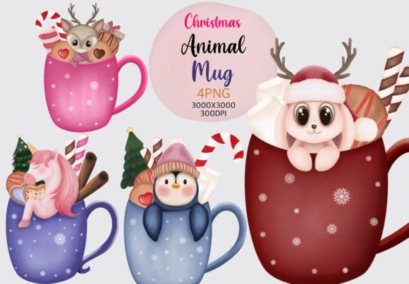 Christmas Animal Mug Clipart: Festive Illustrations