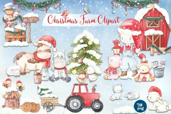 Christmas Farm Clipart: Animal Christmas Illustrations