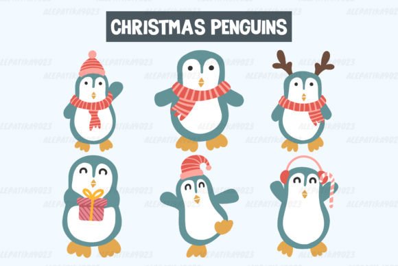 Christmas Penguins Clipart Set Graphic: Illustrations for Crafters