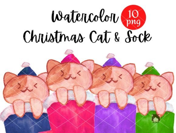 Watercolor Cat in Christmas Socks Illustrations